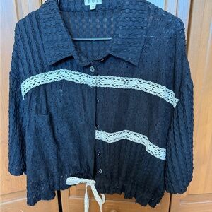 POL Black Button Down Lace Top with Cream Accents